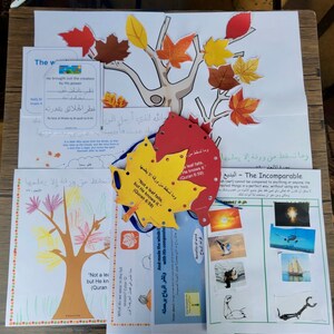 May include: A colorful educational activity for kids about the fall season. The activity includes a tree with leaves, a leaf that says "Not a leaf falls, but He knows it." (Quran 6:59), and a page with the title "The Incomparable" that explains how God created everything perfectly.
