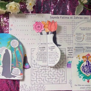 Puede incluir: Colección de materiales educativos con ilustraciones y texto sobre Sayyida Fatima. Incluye un laberinto, un crucigrama y una tarjeta en forma de jarrón con recortes de flores. El texto incluye la frase "Our Shia are among the best of the people of Paradise."
