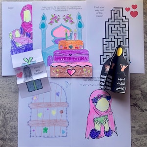 Puede incluir: Un conjunto de páginas para colorear con temas islámicos. Las páginas incluyen una mujer con hiyab sosteniendo un bebé, un pastel de cumpleaños con las palabras "Madre Fátima", un laberinto, una caja de regalo, una puerta y una mujer con hiyab sosteniendo un libro. Las páginas están impresas en papel blanco y están listas para colorear.