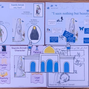 Puede incluir: Una hoja de trabajo imprimible para que los niños aprendan sobre Sayeda Zeinab, una figura importante en la historia islámica. La hoja de trabajo presenta ilustraciones de Sayeda Zeinab, los miembros de su familia y una mezquita. También incluye texto árabe y traducciones al inglés, destacando sus rasgos de carácter como la paciencia, la lealtad y la castidad.