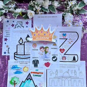 Puede incluir: Un conjunto de hojas de actividades imprimibles para niños con una corona, una vela, una montaña, una mezquita y la letra Z. Las hojas están decoradas con corazones, estrellas y otros diseños coloridos. El texto en las hojas incluye "Ya Zainab", "La Leona del Legado de Ali", "De Fuerza Zainab", "¡Yyida Zainab!" y "¡Te Quiero Mucho!"