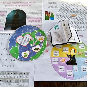 Puede incluir: Una hoja de trabajo educativa colorida con un laberinto, una búsqueda de palabras y un círculo dividido en cuatro secciones. El círculo presenta a una mujer con una túnica negra y las palabras "The Worshipper", "The Hardworker", "The Kind" y "Al-Mushfiqa". La hoja de trabajo incluye el texto "Fatimiya means to oppose the leaders of oppression".