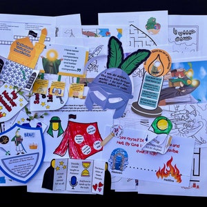 May include: A collection of colorful printable educational activity sheets for kids featuring Islamic themes. The sheets include coloring pages, word searches, and cut-out crafts. The sheets feature images of a mosque, a sword, a tent, and a candle.
