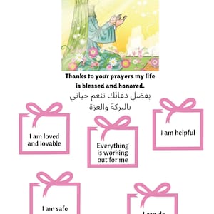 Puede incluir: Una ilustración rosa y blanca de una mujer rezando con el texto "Gracias a tus oraciones, mi vida es bendecida y honrada."  Debajo de la imagen hay cinco cajas de regalo rosas con el siguiente texto: "Soy amado y adorable", "Todo está funcionando para mí", "Estoy seguro", "Soy servicial", y "Puedo hacer cosas difíciles".