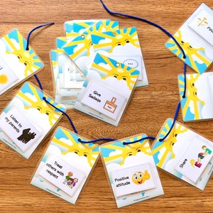 May include: A set of colorful cards with a sun and clouds design. Each card has a different message about Islamic values, such as "How can I spread my light", "Listen to my parents", "Treat others with respect", "Give Sadaqa", "Positive attitude", "Share", "Be Truthful", and "Recite and memorize Quran".