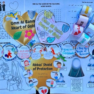 Puede incluir: Un conjunto colorido de hojas de actividades educativas para niños con un diseño en forma de corazón con las palabras "Umm Al Banin Heart of Gold" y varios otros círculos coloridos con palabras como "Paciencia", "Generosidad" y "Compasión".