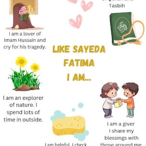 Puede incluir: Una ilustración colorida de una mujer con una cita sobre ser una amante de Imam Hussain y una recitadora del Corán y el Tasbih. La ilustración también incluye una esponja amarilla, un libro verde y una escena de naturaleza con flores amarillas. El texto "LIKE SAYEDA FATIMA I AM..." está escrito en letras doradas.