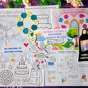 Puede incluir: Un conjunto de páginas para colorear e hojas de actividades imprimibles con Sayeda Fatima, una figura importante en la tradición islámica. Las páginas incluyen un corazón con gemas, un jardín floreciente, una alfombra de oración y un santuario. Las páginas están diseñadas para que los niños las coloreen y aprendan sobre Sayeda Fatima.