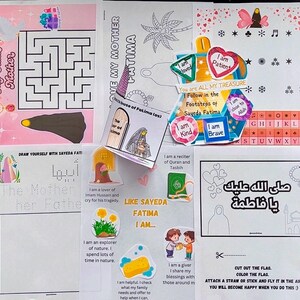 Puede incluir: Un conjunto de hojas de actividades imprimibles para niños que incluyen un laberinto, páginas para colorear y búsquedas de palabras. Las hojas están decoradas con ilustraciones coloridas y el texto "Mi madre amable", "Sayeda Fatima" y "Como Sayeda Fatima, yo soy..."