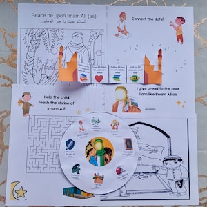 May include: A set of printable educational activity sheets for children featuring Imam Ali (as). The sheets include a connect-the-dots activity, a maze, a coloring page, and a word search. The sheets are black and white with colorful accents.