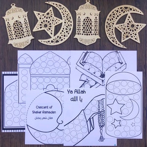 May include: A set of printable Ramadan dot-to-dot coloring pages featuring a crescent moon, a mosque, a lantern, a hand holding prayer beads, and a book. The pages include the text "Crescent of Shaher Ramadan" and "Ya Allah".