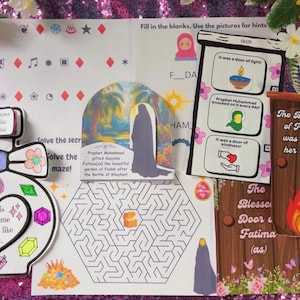Puede incluir: Una colección de manualidades de papel coloridas, que incluyen una forma de botella de perfume con texto, un laberinto y una ilustración de puerta con texto. La botella de perfume dice "This perfume smells like her". Otros textos incluyen "The Blessed Door of Fatima (as) was burned by her enemies."