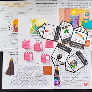 Puede incluir: Un conjunto de actividades educativas imprimibles para niños con Sayeda Fatima, una figura de la historia islámica. El conjunto incluye un laberinto, una búsqueda de palabras y varias tarjetas de palabras con atributos positivos como "generoso" y "compasivo".