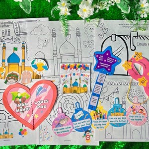 May include: A set of printable coloring pages and crafts featuring Islamic themes. The set includes a maze, a birthday card, a heart-shaped card, a mask, a wand, and several ornaments. The pages are decorated with colorful illustrations of mosques, stars, and other Islamic symbols.