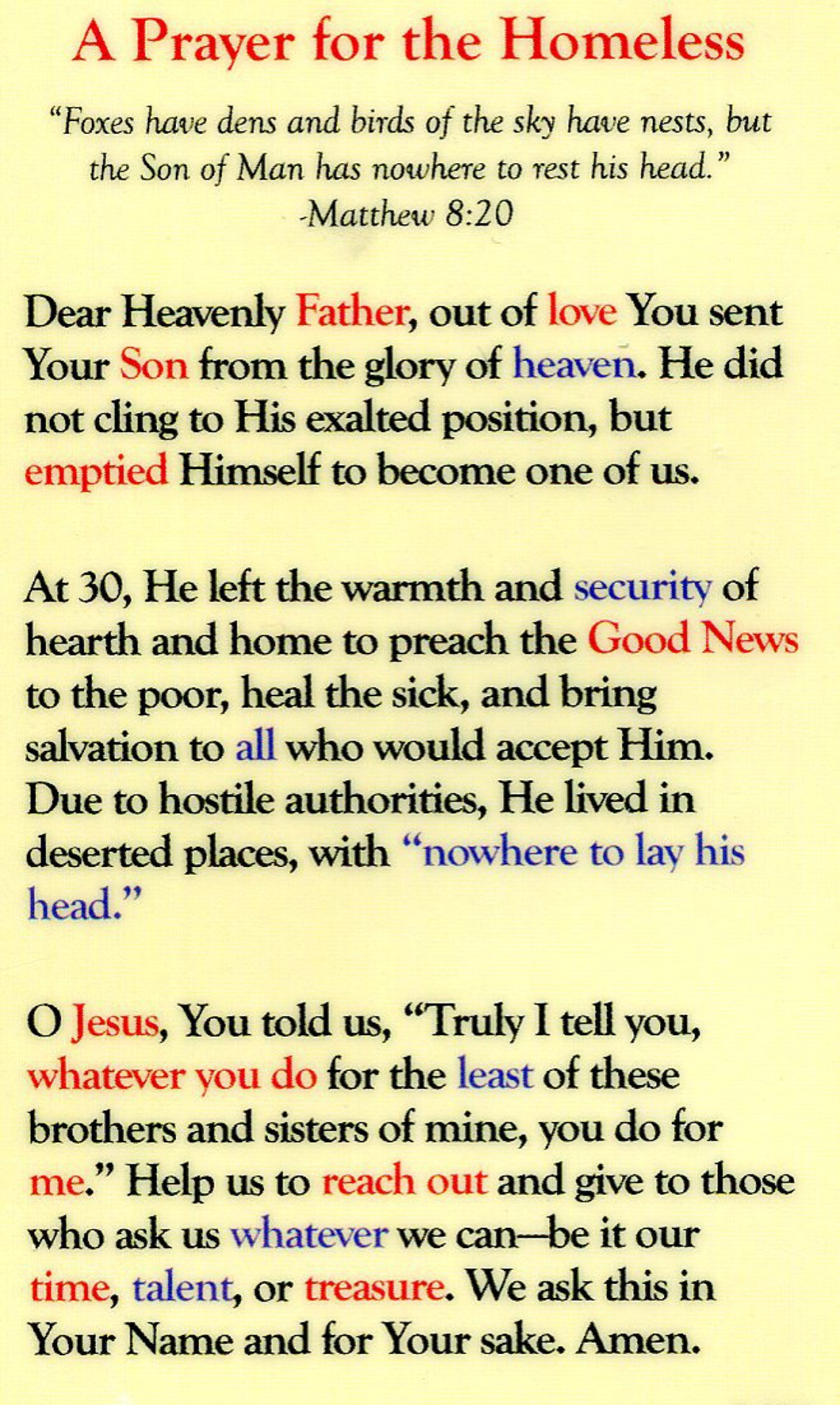 A Prayer for Homeless N Holy Card Prayer Card pack of 25 Etsy