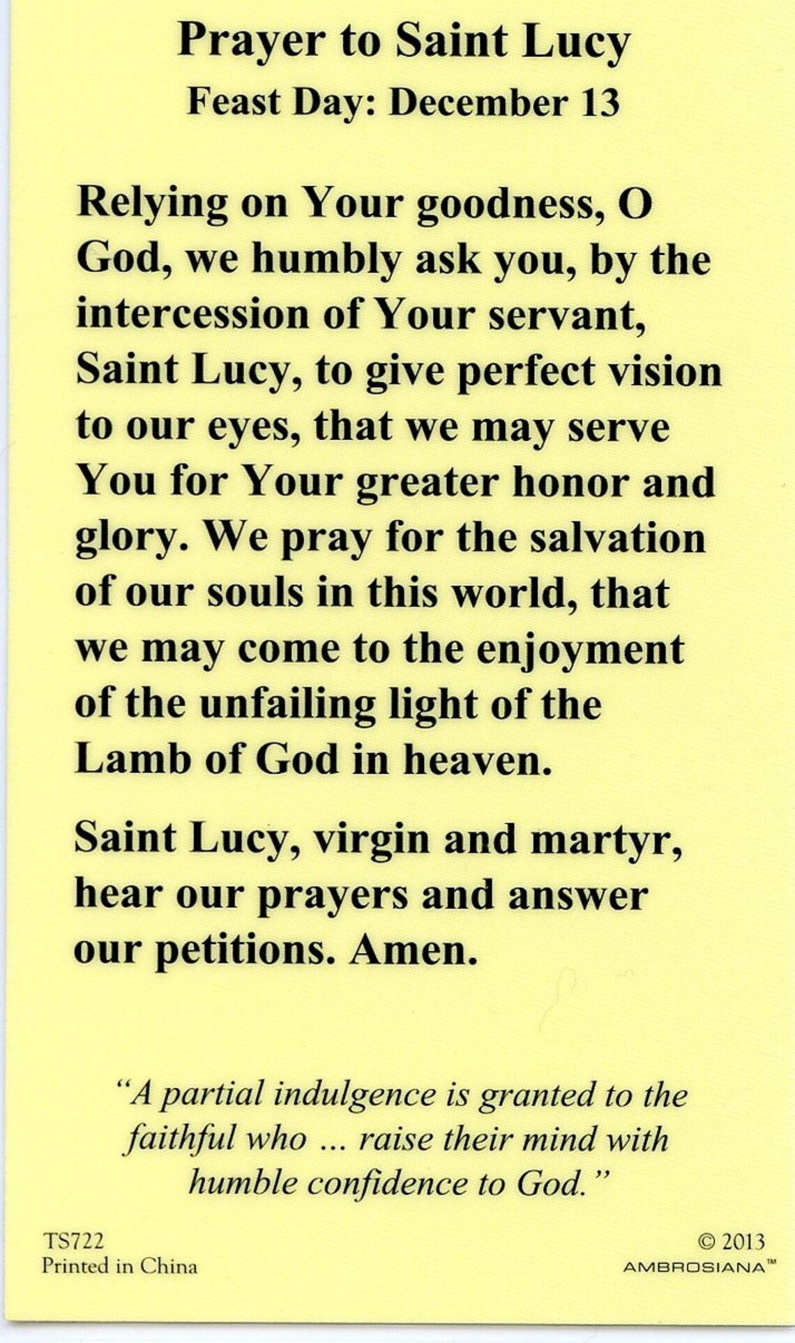 ST LUCY PRAYER Relic Holy Card Blessed By Pope Francis Etsy