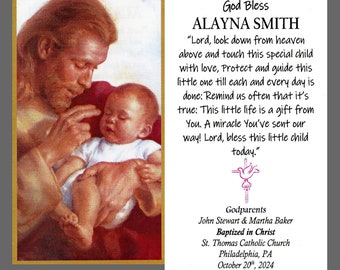 God Bless (girl) - Personalized Baptism Laminated Prayer Cards - Pack of 35