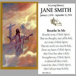 Cartes de prière plastifiées à la mémoire des funérailles de Breathe in Me - Lot de 60