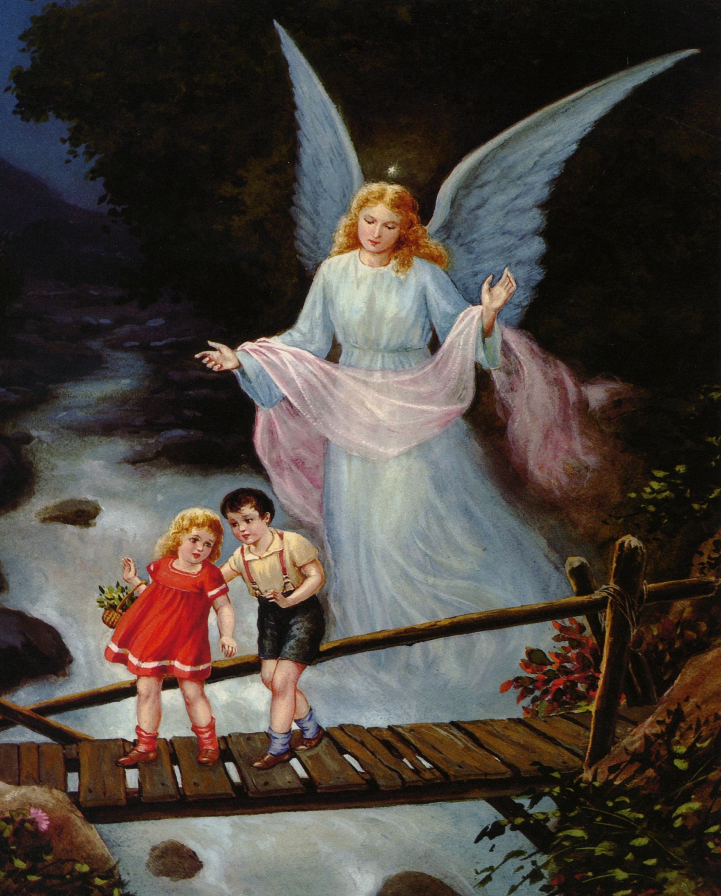 Catholic print picture Guardian Angel with Boy & Girl 8x 10 ready to be  framed