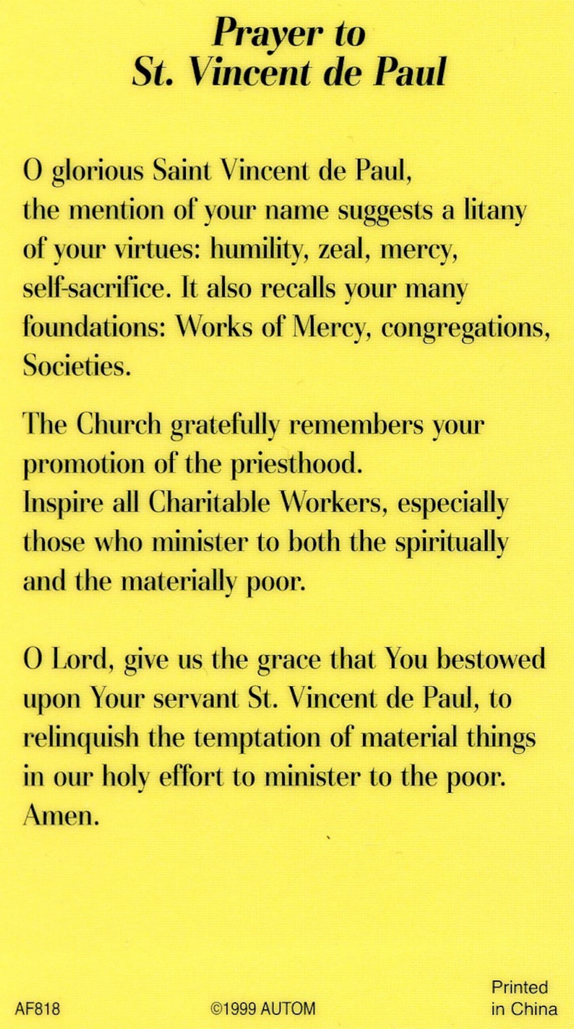 St. Vincent De Paul Holy Card Prayer Card pack of 25 Etsy