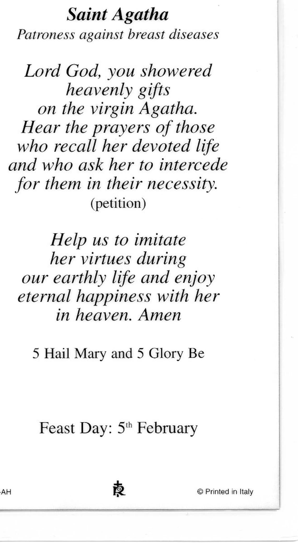 ST. AGATHA Holy Card Prayer Card pack of 25 Etsy