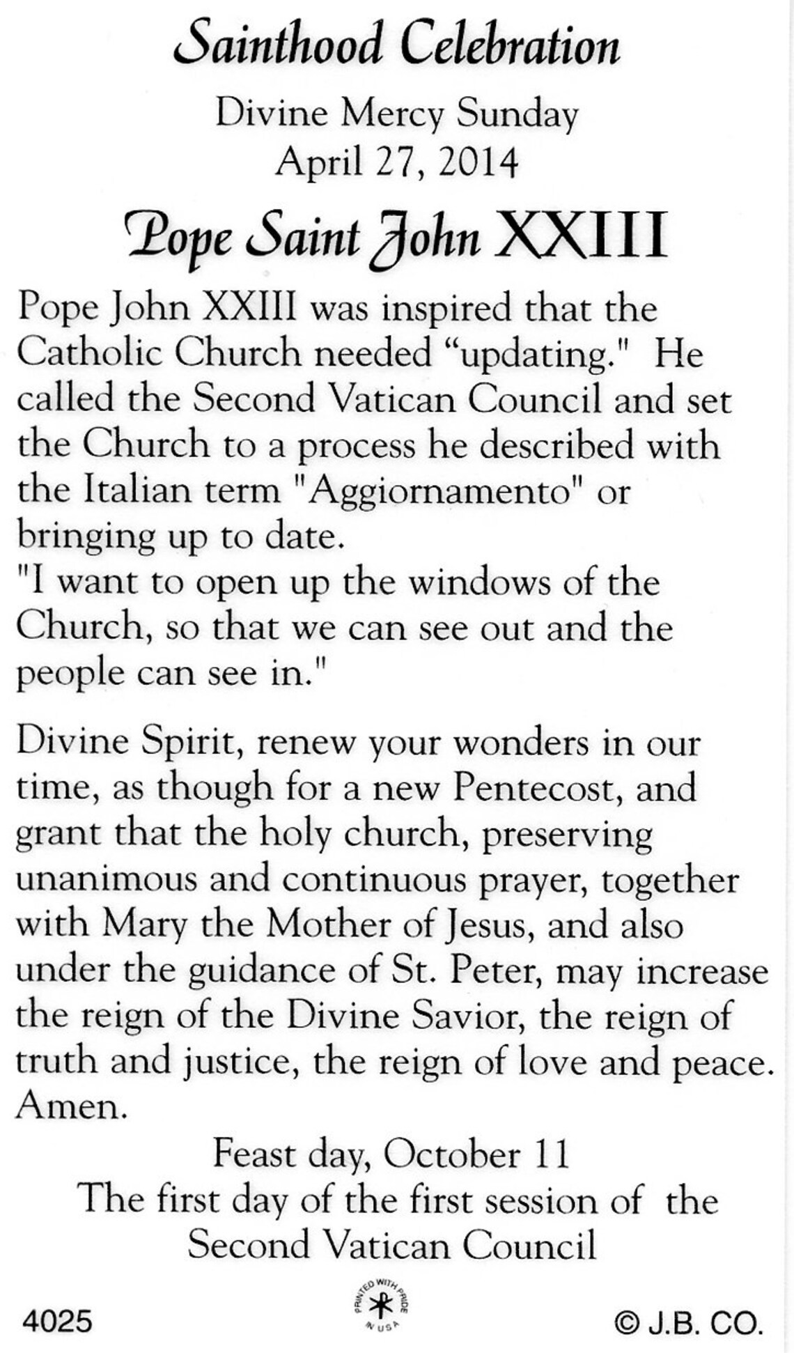 Pope St. John XXIII 1 Holy Card Prayer Card pack of 25 - Etsy