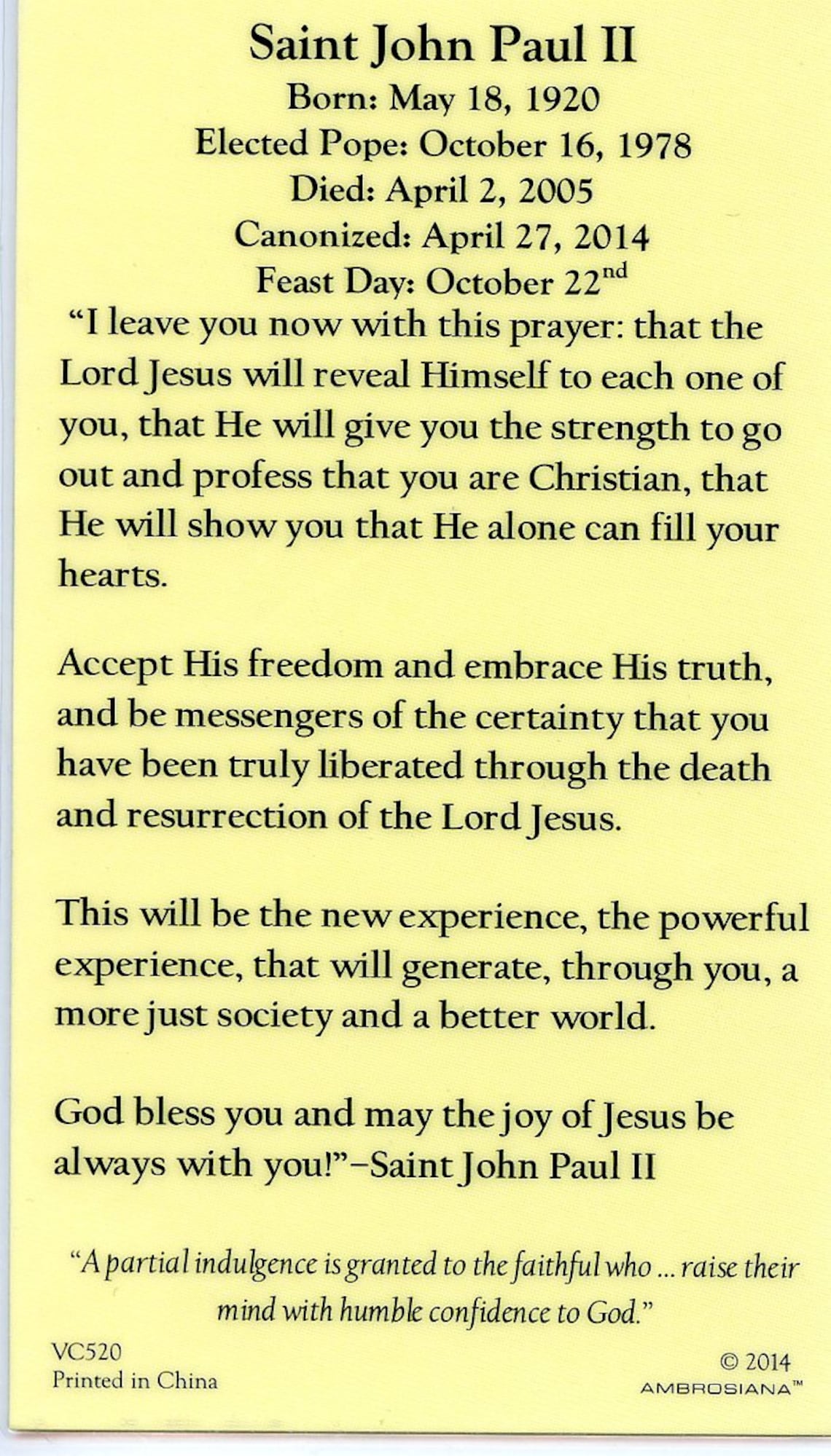 St. John Paul II - Holy Card - Prayer Card -pack of 25 - Etsy