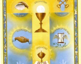 May include: A rectangular religious print featuring a central yellow cross with seven circular icons representing sacraments: Confirmation, Baptism, Communion, Reconciliation, Marriage, Anointing of the Sick, and Ordination, surrounded by a blue and gold border.