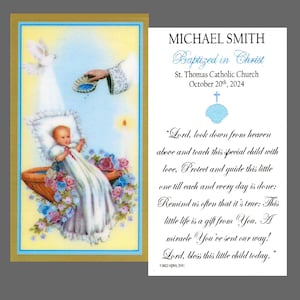 Bautizado en Cristo (niño) - Tarjetas de oración laminadas de bautismo personalizadas - Paquete de 35