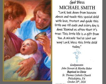 God Bless (boy) - Personalized Baptism Laminated Prayer Cards - Pack of 35