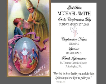 God Bless Confirmation (boy) - Personalized Confirmation Laminated Prayer Cards - Pack of 35