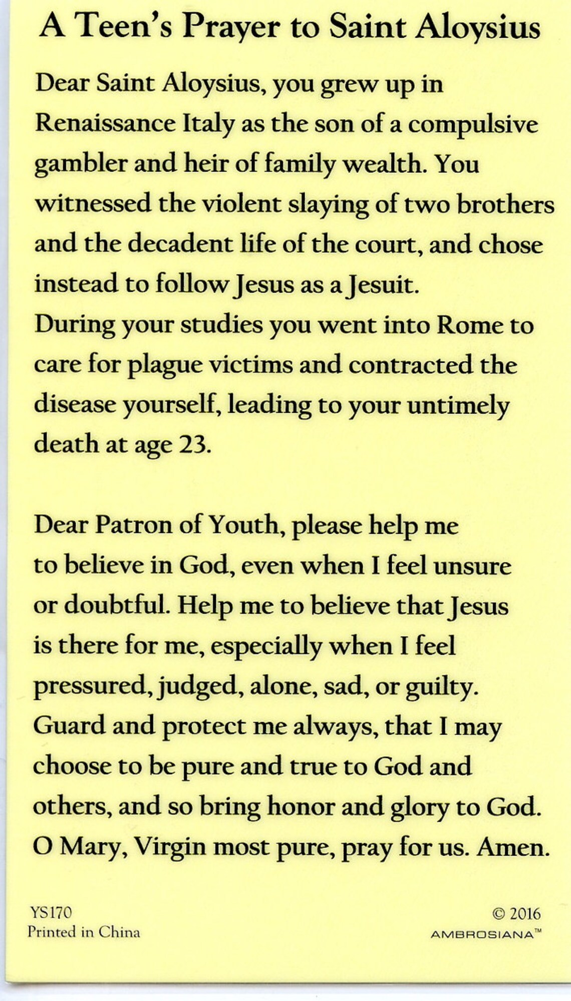 A Teen's Prayer to St. Aloysius Holy Card Prayer Card Etsy