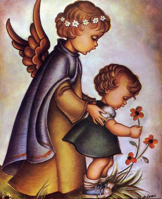 Catholic print picture Guardian Angel with Boy & Girl 8x 10 ready to be  framed