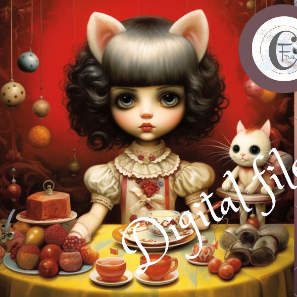 Blythe doll picture file tea party digital file, Digital art, PNG, Wall Art, doll collector art, Digital art download, File art doll