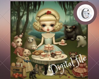 Blythe doll picture tea party digital Alice digital file, Digital art, PNG, Wall Art, doll collector art, Digital art download, File doll