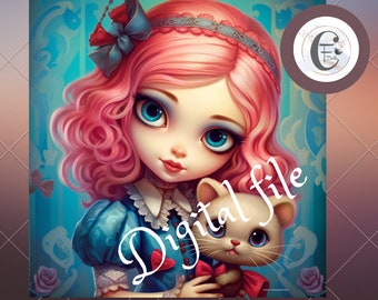 Blythe doll picture Alice in wonderland digital file, Digital art, PNG, Wall Art, doll collector art, Digital art download, File art doll