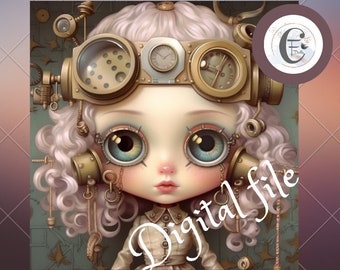 Blythe doll picture file steampunk fish digital file, Digital art, PNG, Wall Art, doll collector art, Digital art download, File art doll