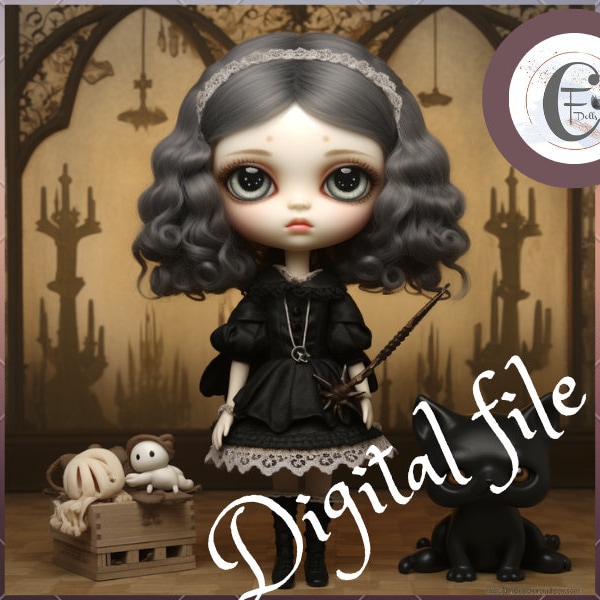 Blythe picture doll Gothic digital file, Digital art, PNG, Wall Art, doll collector art, Digital art download, File art doll