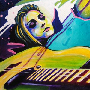 Flexible magnet print of my oil painting Girl with Guitar measuring 4.25 x 5.5 inches.