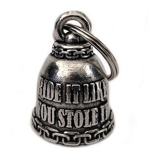 May include: Silver motorcycle handlebar bell with a chain detail and the inscription "Ride it like you stole it".
