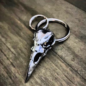 May include: A silver raven skull keyring with two attached rings. The skull has detailed features and a long, pointed beak. The keyring is resting on a wooden surface.