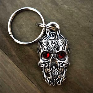 Flame Skull Diamond Pewter Keychain Charm