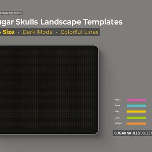 May include: A digital tablet mockup with a black screen and a grid pattern. The tablet is on a gray background. The text "Sugar Skulls Landscape Templates" is at the top of the image. The text "A4 Size - Dark Mode - Colorful Lines" is below the title. The text "SUGAR SKULLS COLLECTION" is at the bottom of the image. There are five colored bars labeled "Rosa", "Aqua", "Pina", "Lime", and "Mango".