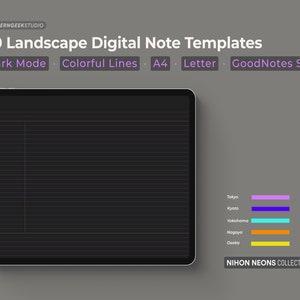 60 Nihon Neons Digital Note Taking Templates / Modo oscuro / Paisaje / PDF / iPad / A4 / Tamaño de carta / Goodnotes