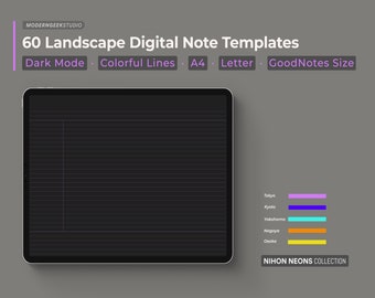Nihon Neons Dark Mode Digital Note Templates: GoodNotes, A4, Letter (PDF)