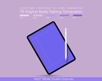 May include: A digital tablet with a purple screen and white lines, a white stylus, and the text "75 Digital Note Taking Templates" and "VIOLET DREAM | Student Essentials".