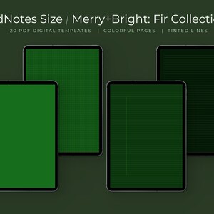 May include: Four digital planner pages in GoodNotes size with a green background and different line styles. The text at the top reads "GoodNotes Size / Merry+Bright: Fir Collection 20 PDF DIGITAL TEMPLATES | COLORFUL PAGES | TINTED LINES".