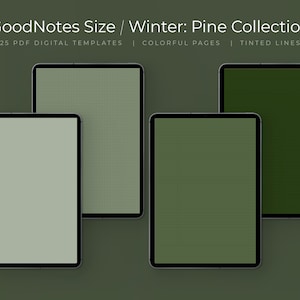Może przedstawiać: Cztery tablety cyfrowe z zielonymi ekranami wyświetlane na ciemnozielonym tle. Tekst u góry brzmi "GoodNotes Size / Winter: Pine Collection". Tablety mają różne odcienie zieleni, a tekst poniżej wskazuje na kolorowe strony i przyciemnione linie.