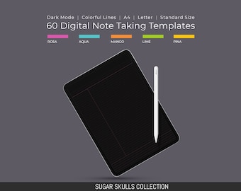 60 Dark Mode Digital Note Taking Templates: Colorful Neon Lines (PDF)
