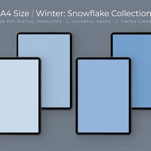 May include: Four digital planner templates in A4 size with snowflake designs. The templates are in different styles: blank, grid, and lined. The pages are in a light blue color with tinted lines.